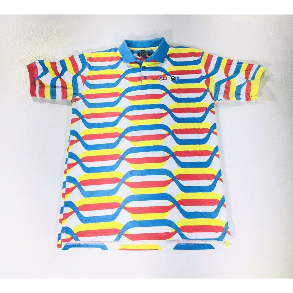 Y2k Vintage COOGI Men’s Geometric Striped Polo Shirt XXL All Over Print Urban